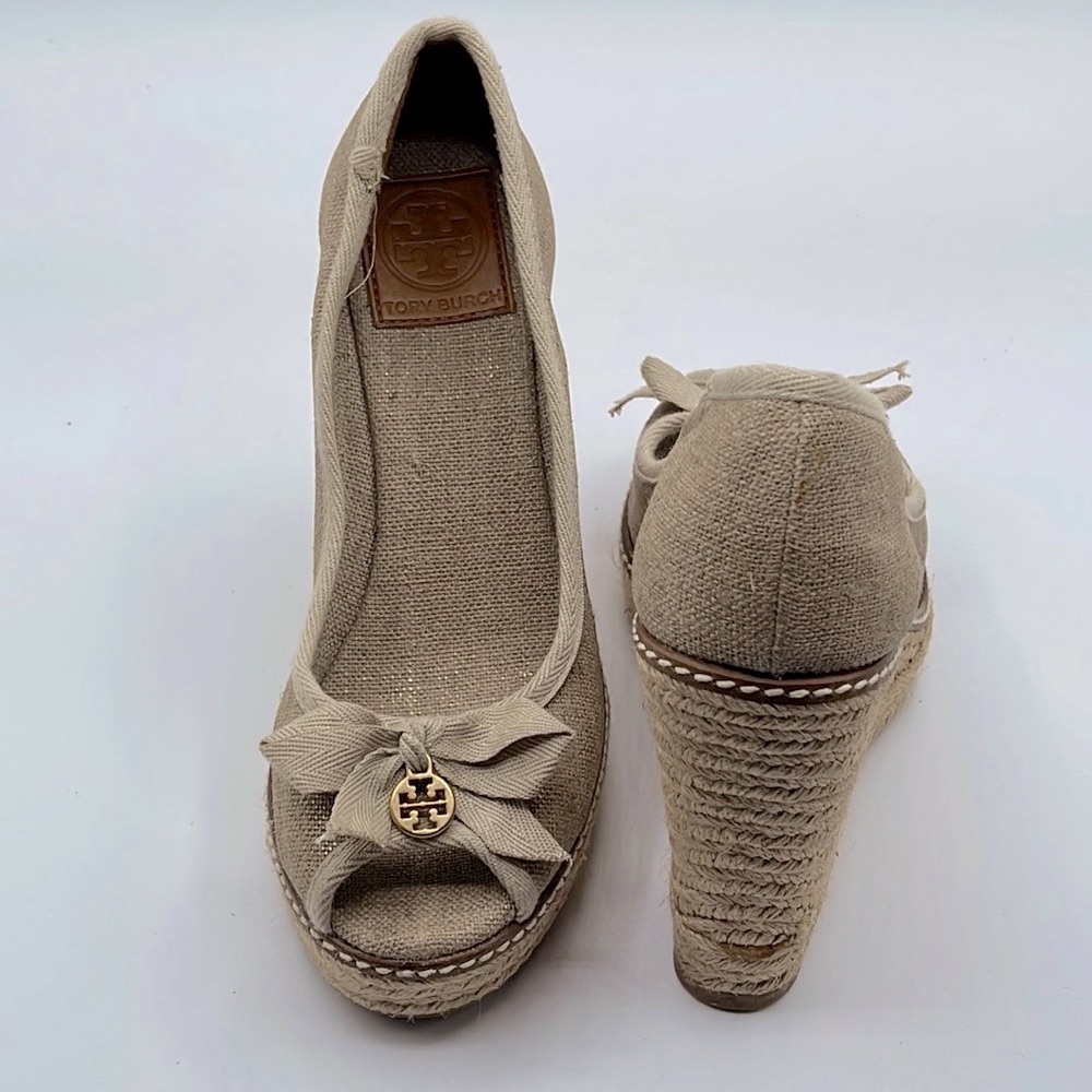 Tory Butch Jackie Linen peep toe wedge